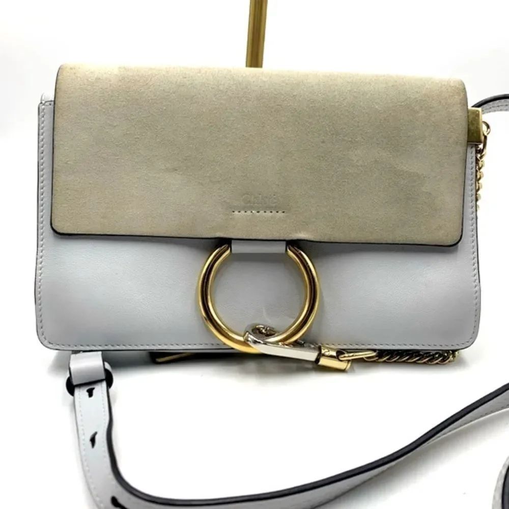 Auth CHLOE Small Faye Crossbody Bag Powder Blue Leather Putty Suede Very Good